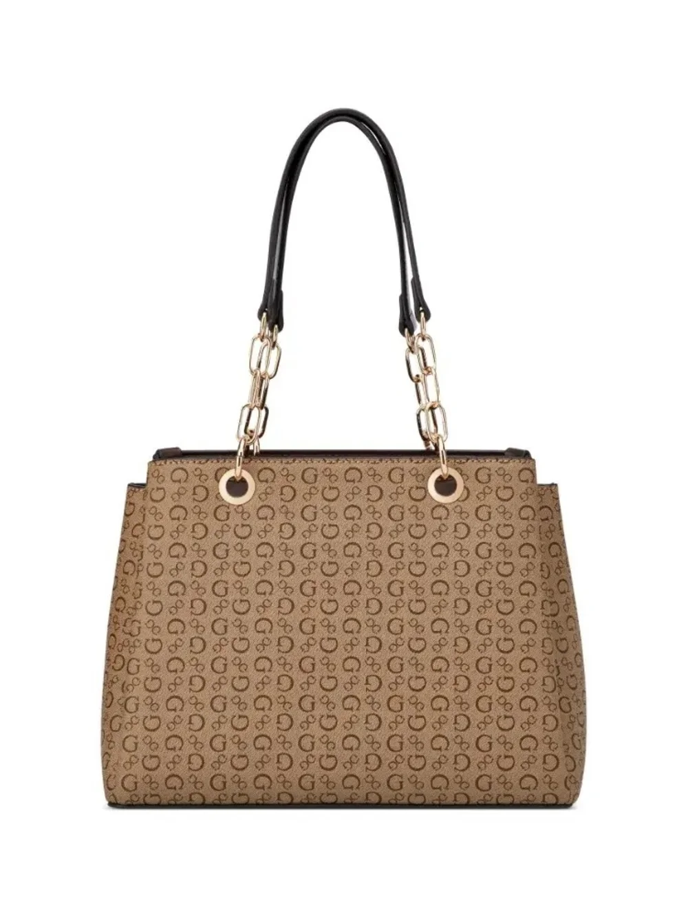 GUESS Brown Logo Jacquard Satchel with Gold Accents
